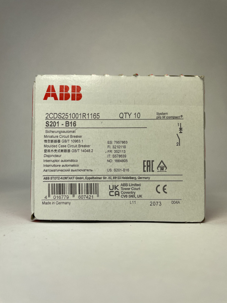 Автомат ABB S201 16A B16 (B) 6кА 2CDS251001R1165