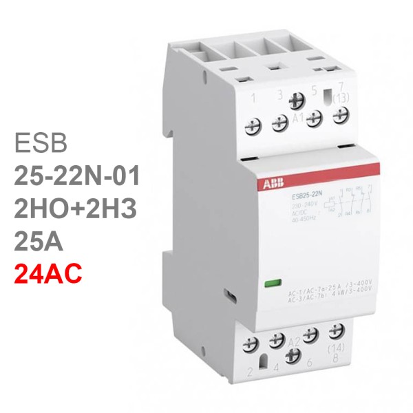 ABB Контактор ESB25-22N-01 модульный (25А АС-1, 2НО+2НЗ), катушка 24В AC/DC