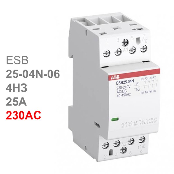 ABB Контактор ESB25-04N-06 модульный (25А АС-1, 4НЗ), катушка 230В AC/DC