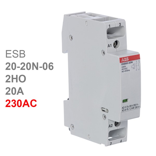 ABB Контактор ESB20-20N-06 модульный (20А АС-1, 2НО), катушка 230В AC/DC